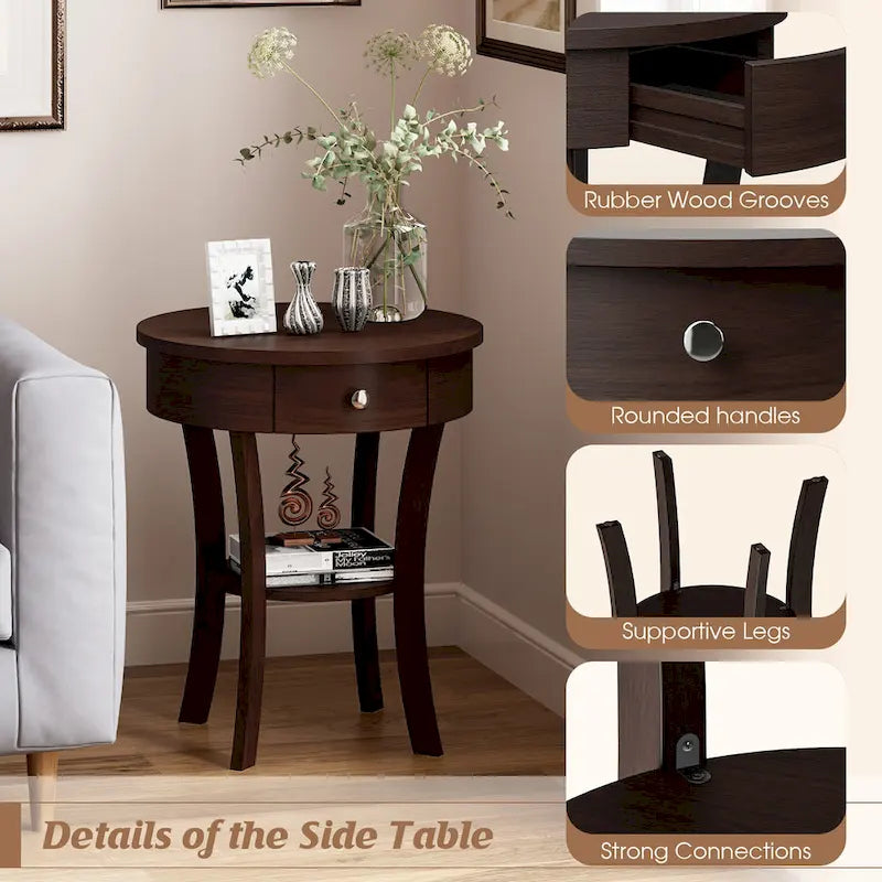 Table d'appoint ronde à 2 niveaux avec tiroir, blanche/noire — 1 personne