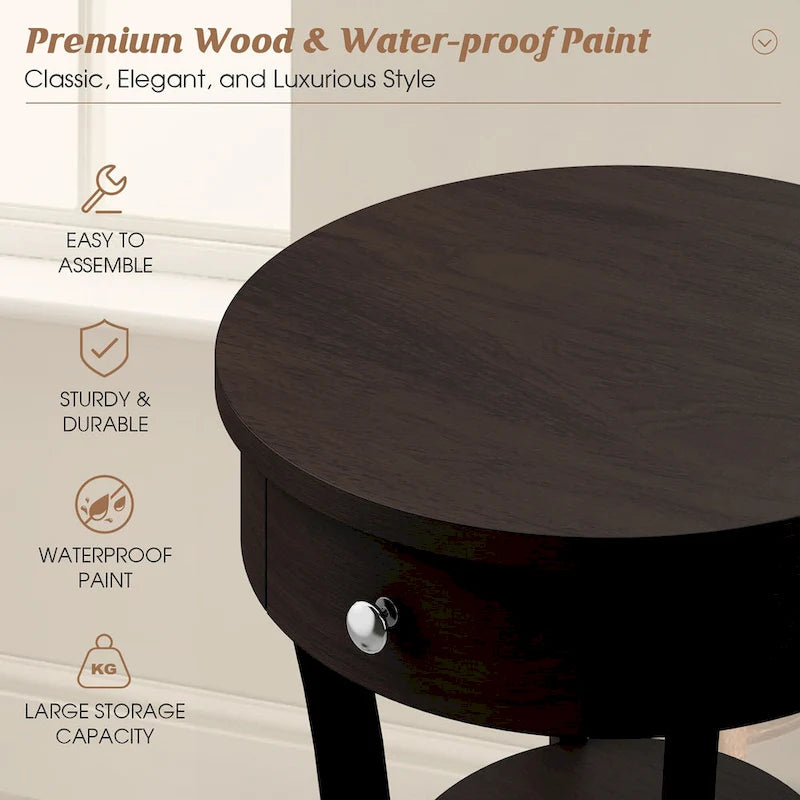 Table d'appoint ronde à 2 niveaux avec tiroir, blanche/noire — 1 personne