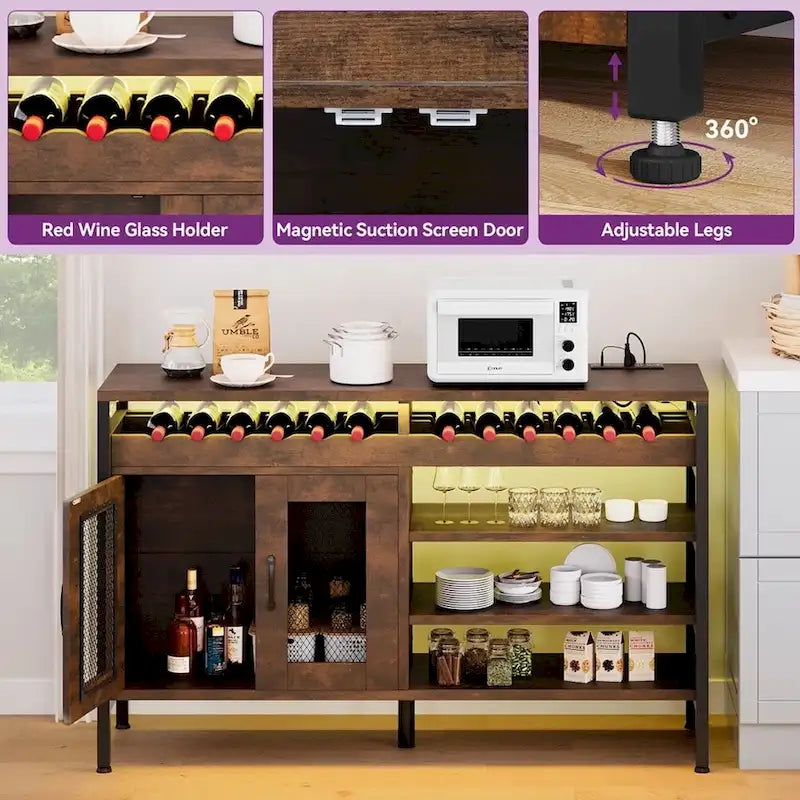 Meuble bar marron de 55 pouces avec lumières LED et prises de courant, style industriel
