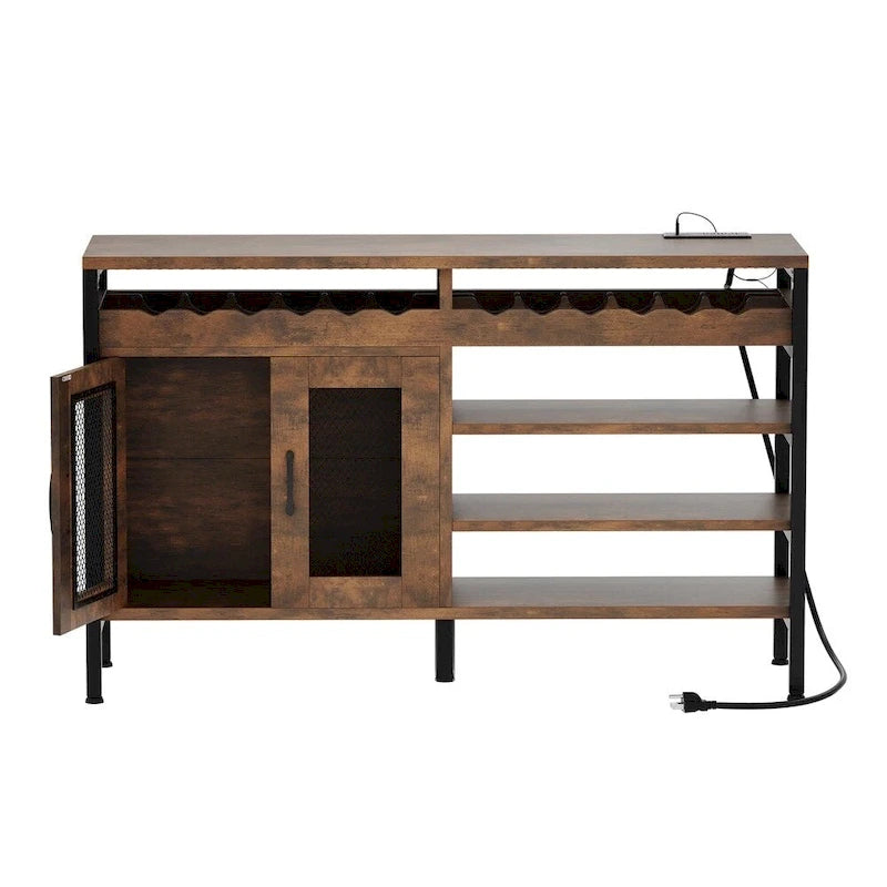 Meuble bar marron de 55 pouces avec lumières LED et prises de courant, style industriel