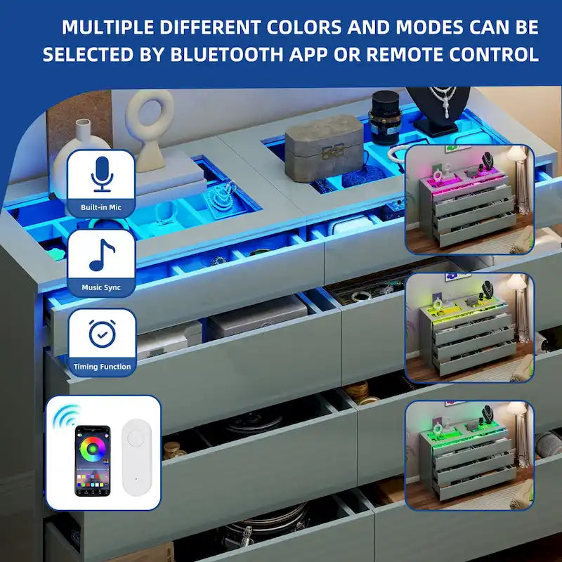 Commode grise à 8 tiroirs avec lumière LED RGB, pour 1 à 2 personnes