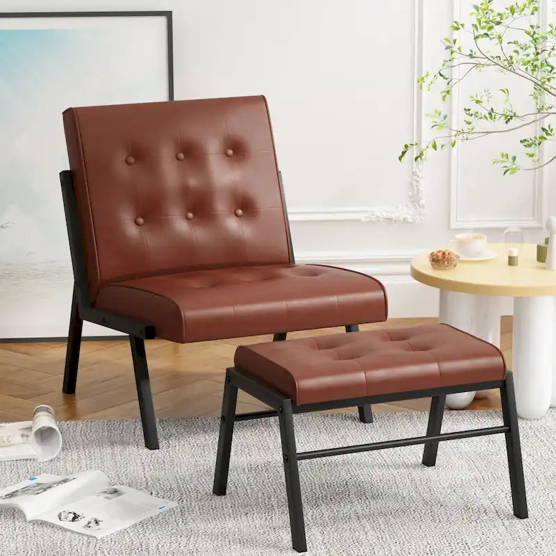 Fauteuil d'appoint sans accoudoirs avec ottoman en similicuir marron/gris/noir de style Mid-Century – 1 place