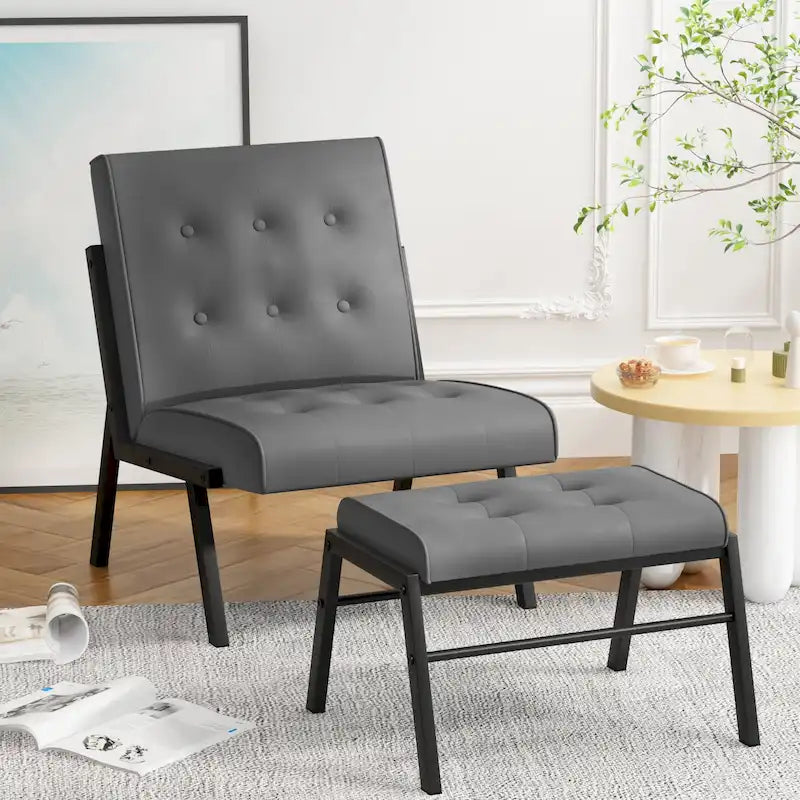 Fauteuil d'appoint sans accoudoirs avec ottoman en similicuir marron/gris/noir de style Mid-Century – 1 place