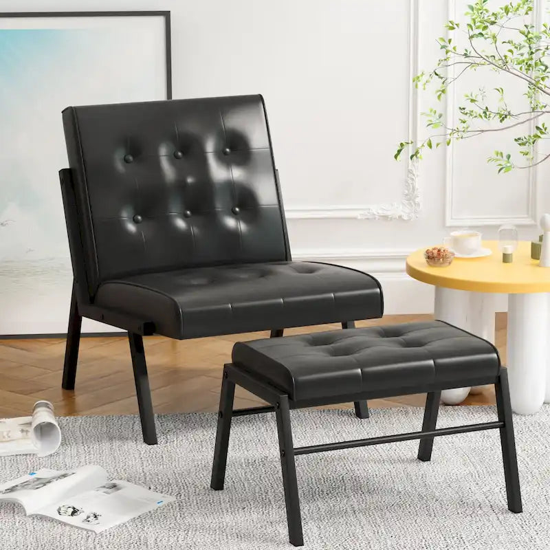 Fauteuil d'appoint sans accoudoirs avec ottoman en similicuir marron/gris/noir de style Mid-Century – 1 place