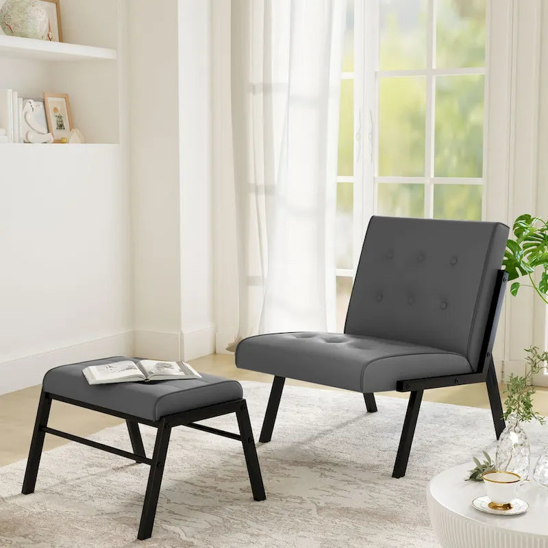 Fauteuil d'appoint sans accoudoirs avec ottoman en similicuir marron/gris/noir de style Mid-Century – 1 place
