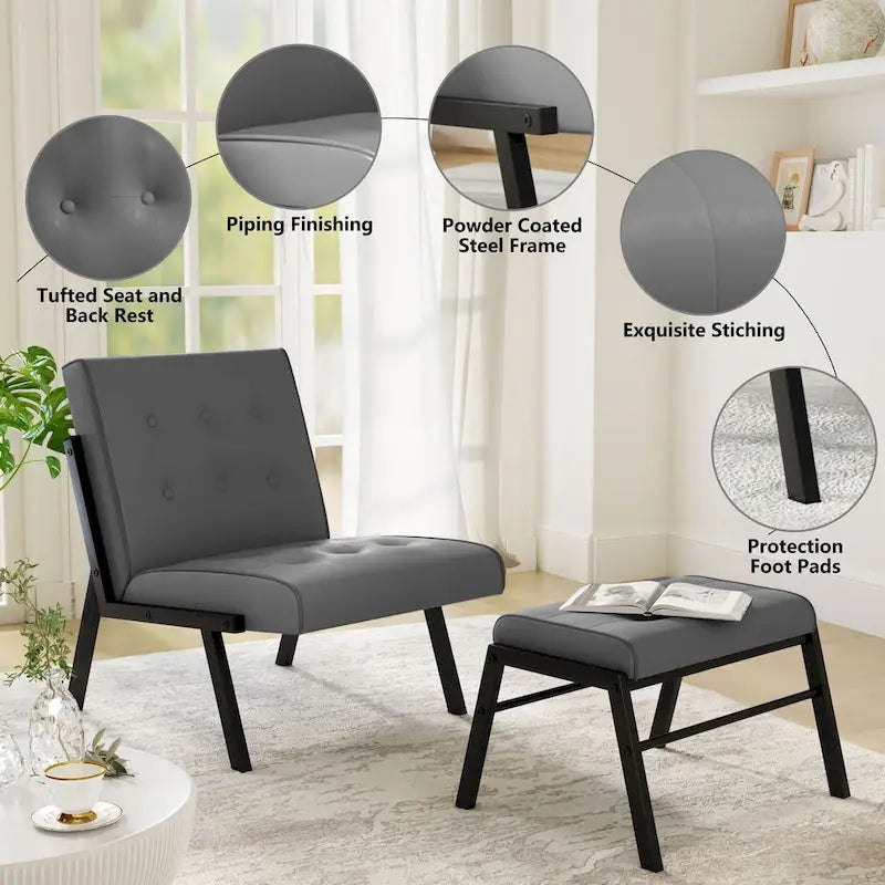 Fauteuil d'appoint sans accoudoirs avec ottoman en similicuir marron/gris/noir de style Mid-Century – 1 place