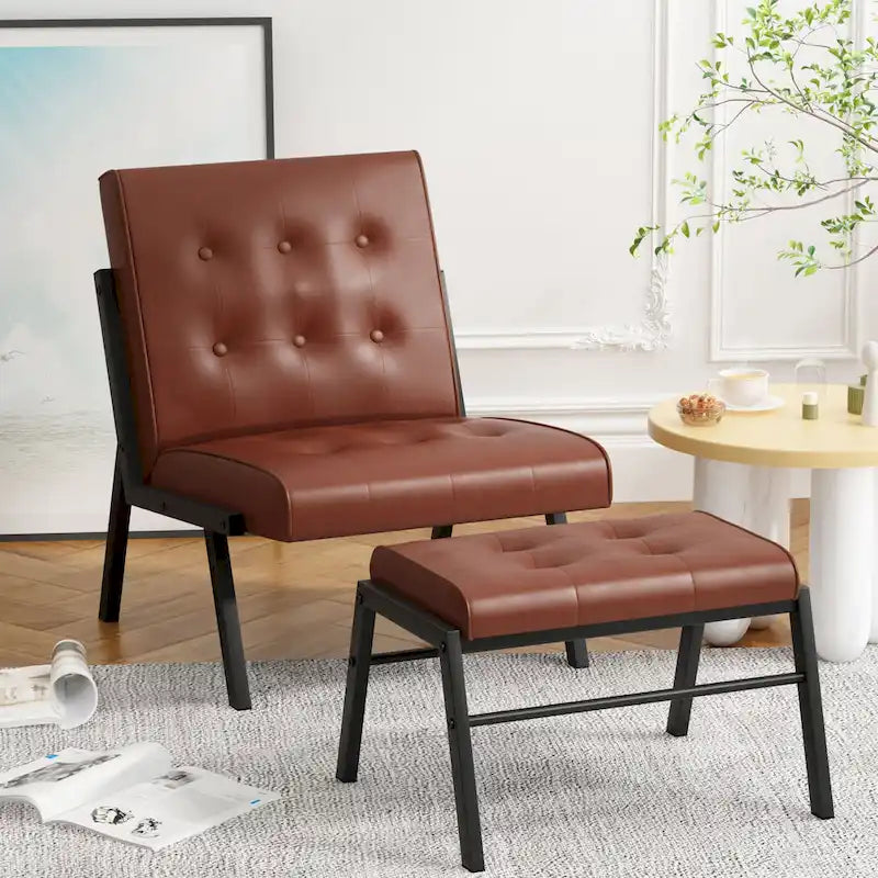 Fauteuil d'appoint sans accoudoirs avec ottoman en similicuir marron/gris/noir de style Mid-Century – 1 place