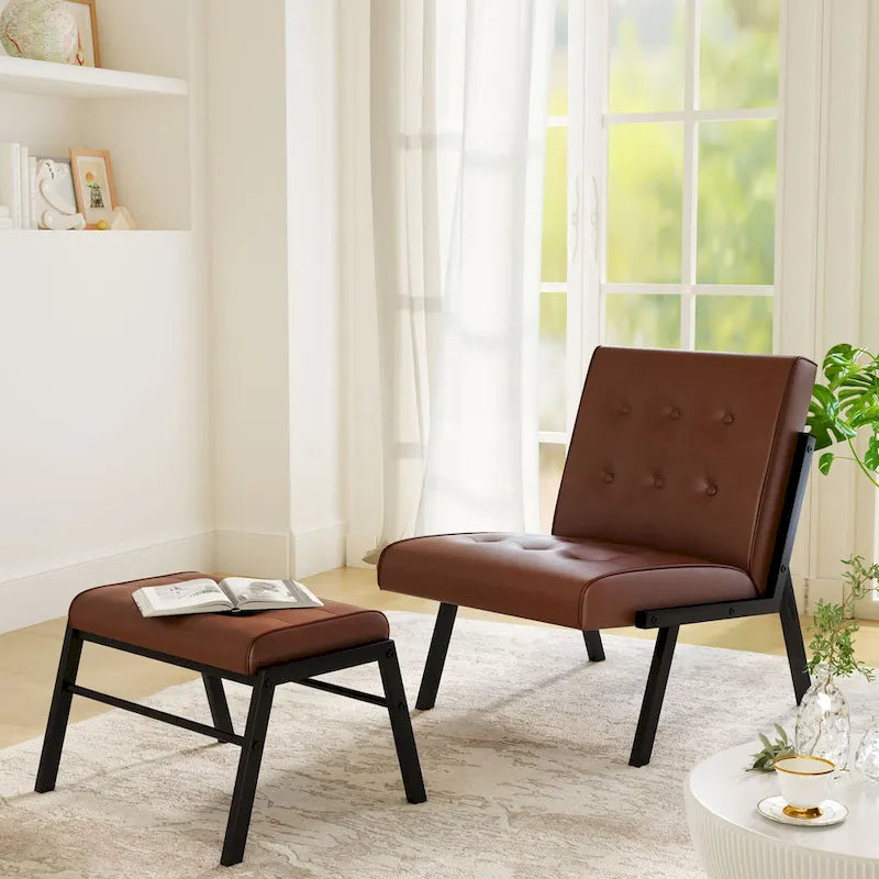 Fauteuil d'appoint sans accoudoirs avec ottoman en similicuir marron/gris/noir de style Mid-Century – 1 place