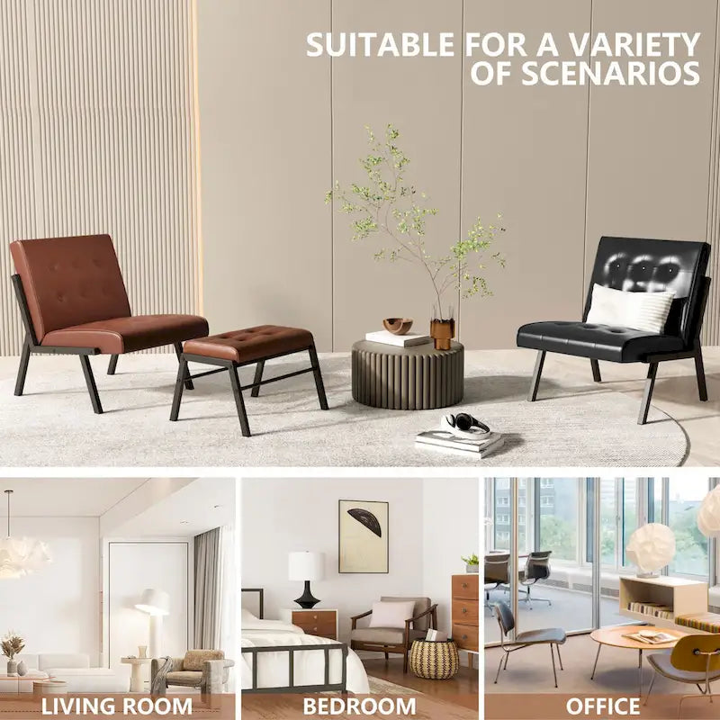 Fauteuil d'appoint sans accoudoirs avec ottoman en similicuir marron/gris/noir de style Mid-Century – 1 place