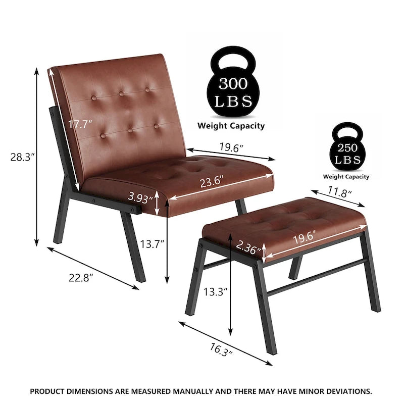 Fauteuil d'appoint sans accoudoirs avec ottoman en similicuir marron/gris/noir de style Mid-Century – 1 place