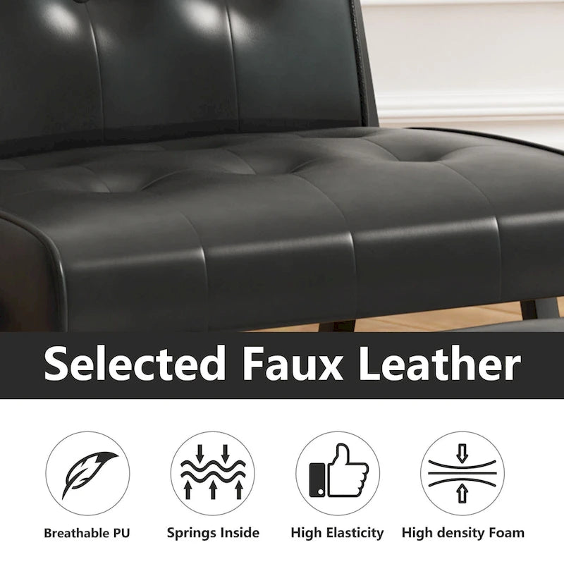 Fauteuil d'appoint sans accoudoirs avec ottoman en similicuir marron/gris/noir de style Mid-Century – 1 place