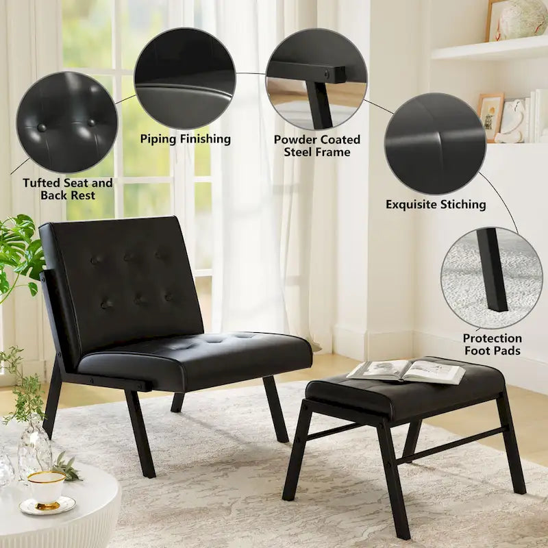 Fauteuil d'appoint sans accoudoirs avec ottoman en similicuir marron/gris/noir de style Mid-Century – 1 place