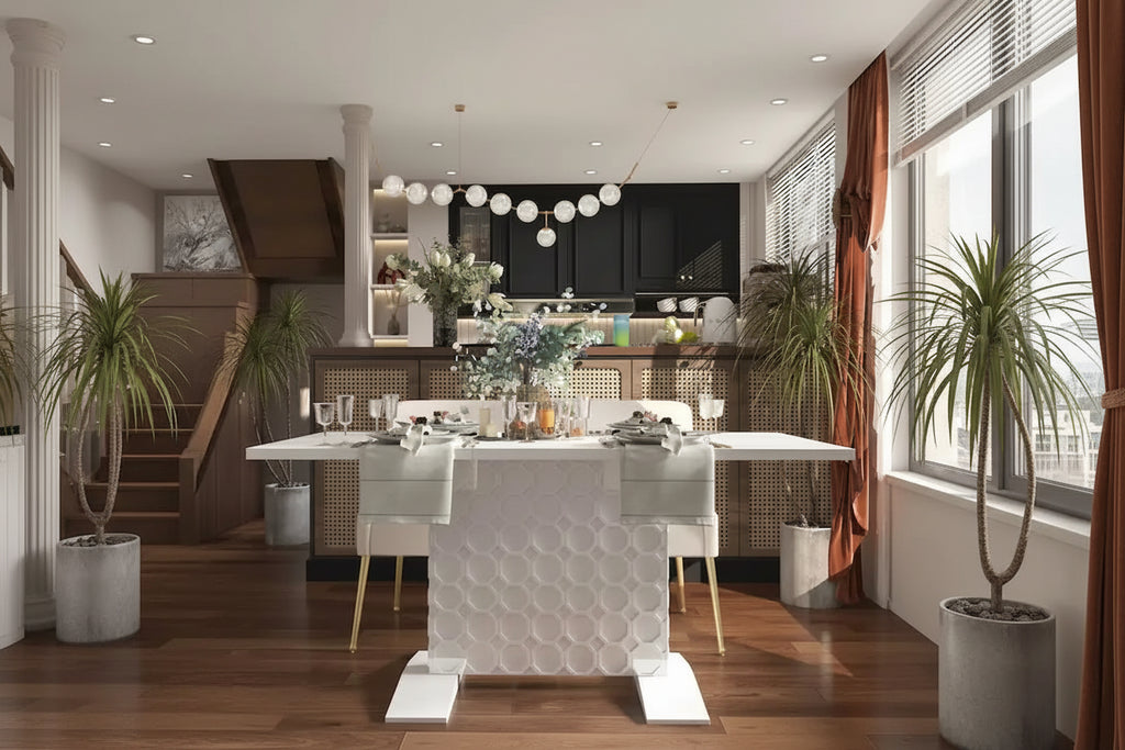 Table à manger extensible blanche/noire pour jusqu'à 6 personnes