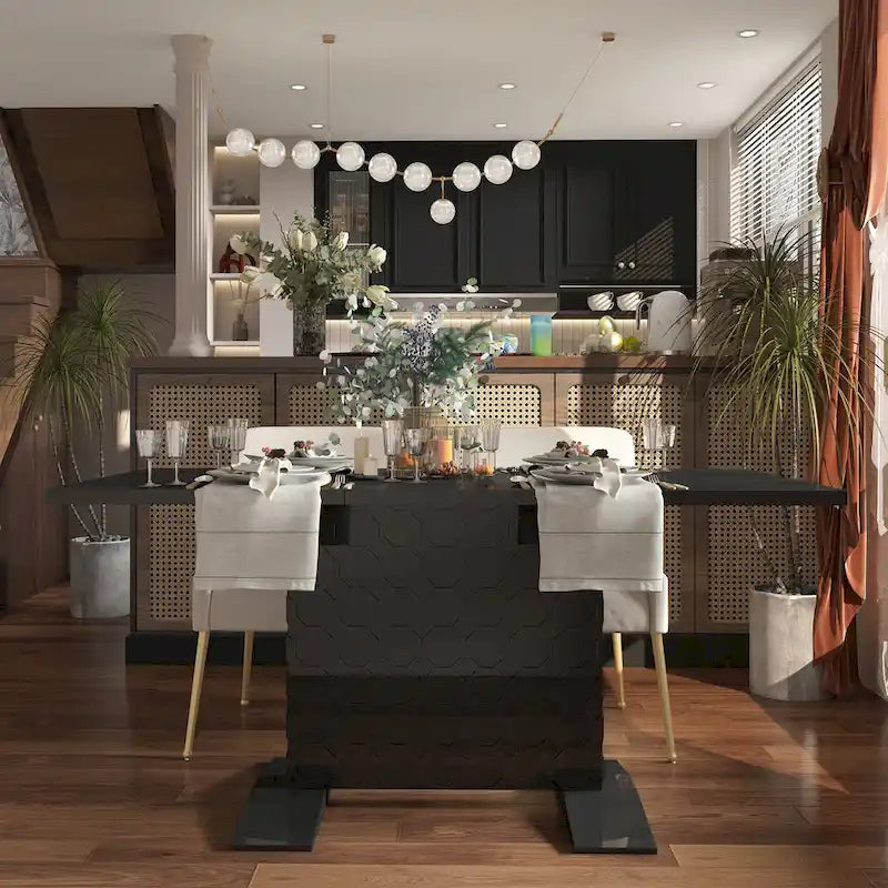 Table à manger extensible blanche/noire pour jusqu'à 6 personnes