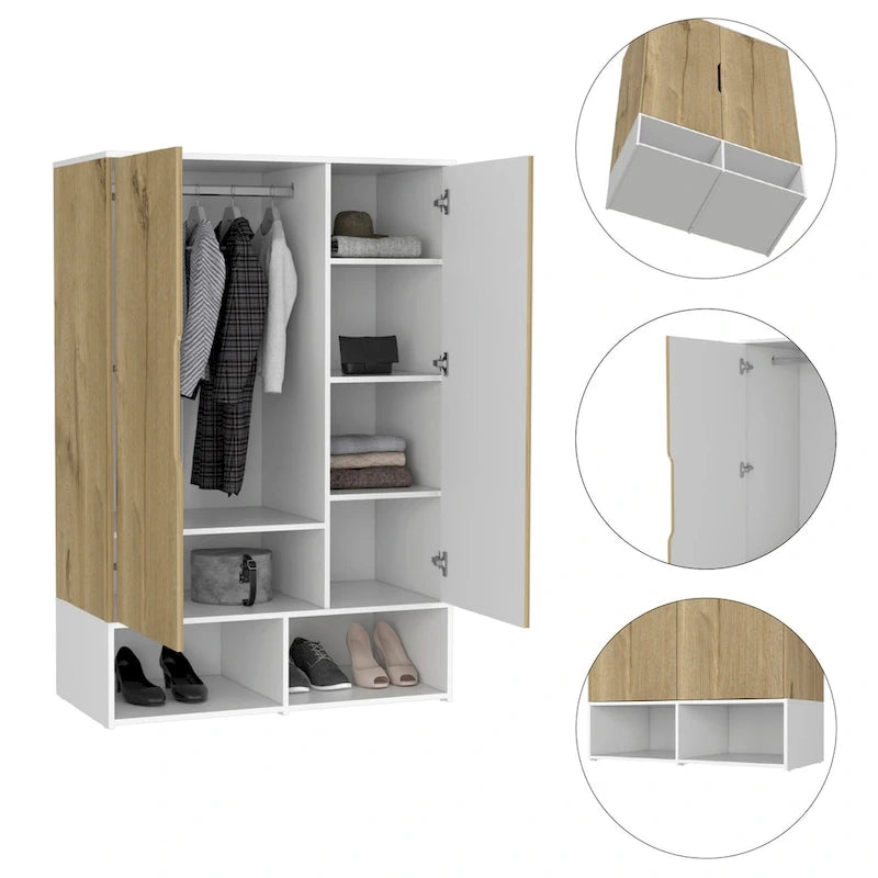Armoire à deux portes avec tringle et étagères, Noir/Blanc & Chêne clair/Blanc, 1 personne