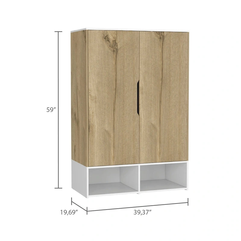 Armoire à deux portes avec tringle et étagères, Noir/Blanc & Chêne clair/Blanc, 1 personne