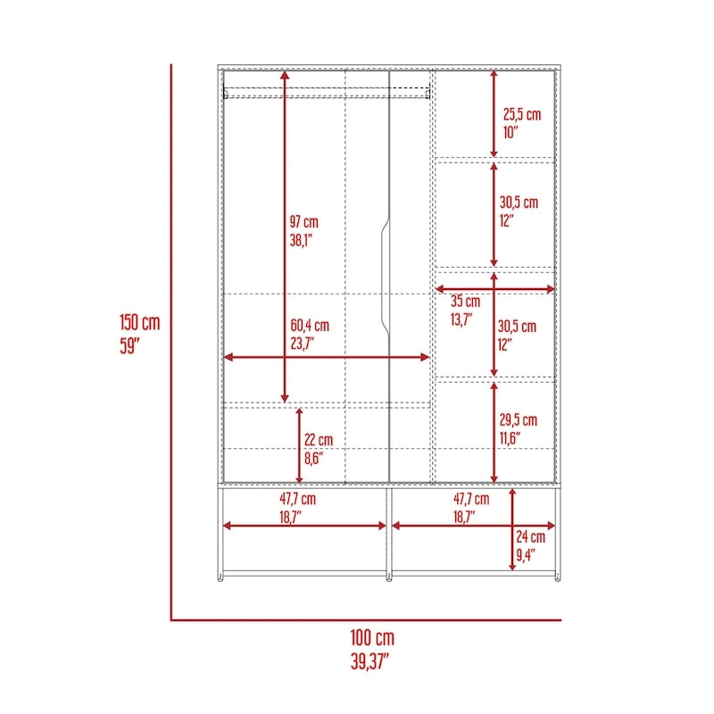 Armoire à deux portes avec tringle et étagères, Noir/Blanc & Chêne clair/Blanc, 1 personne