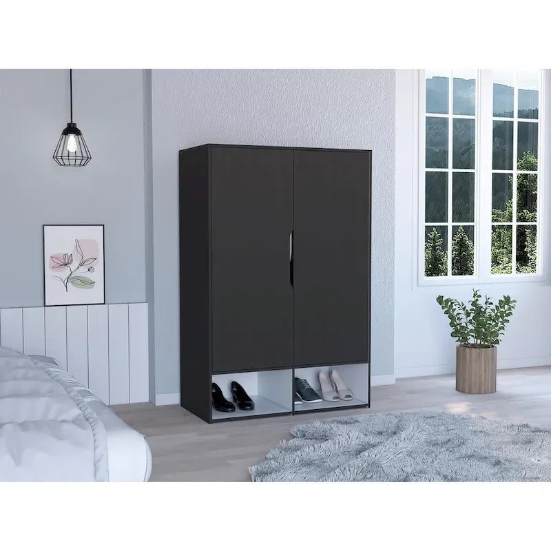 Armoire à deux portes avec tringle et étagères, Noir/Blanc & Chêne clair/Blanc, 1 personne