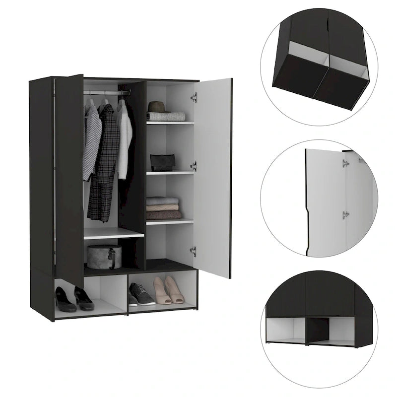 Armoire à deux portes avec tringle et étagères, Noir/Blanc & Chêne clair/Blanc, 1 personne