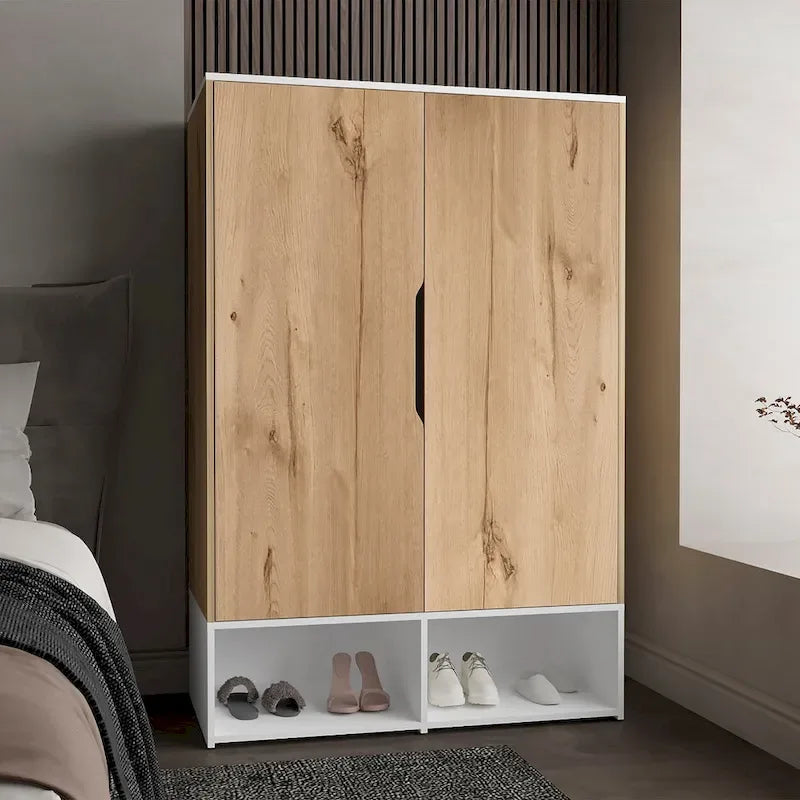 Armoire à deux portes avec tringle et étagères, Noir/Blanc & Chêne clair/Blanc, 1 personne