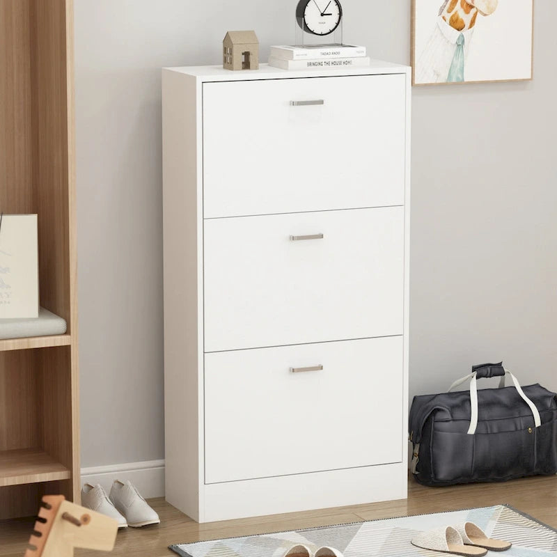 Meuble à chaussures en MDF blanc/noir avec 3 tiroirs abattants