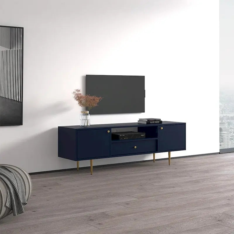 Meuble TV bleu mat de 160 cm – Convient aux écrans jusqu'à 70"