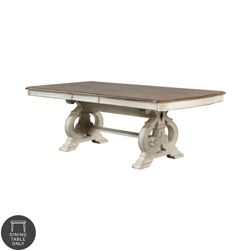 Table de salle à manger sur pied de ferme antique blanc, 8 places