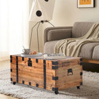 Table basse malle vintage marron avec rangement et roulettes – 1 personne
