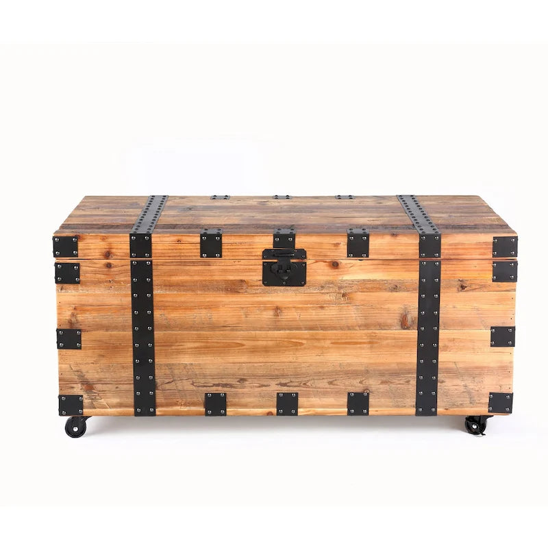 Table basse malle vintage marron avec rangement et roulettes – 1 personne