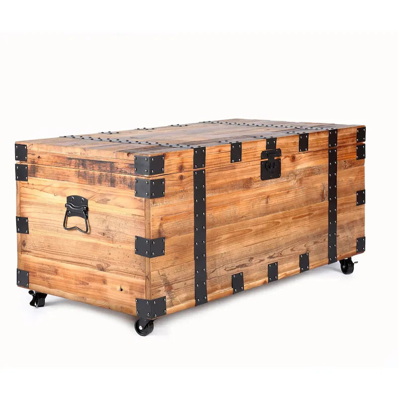 Table basse malle vintage marron avec rangement et roulettes – 1 personne