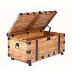 Table basse malle vintage marron avec rangement et roulettes – 1 personne