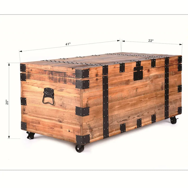 Table basse malle vintage marron avec rangement et roulettes – 1 personne