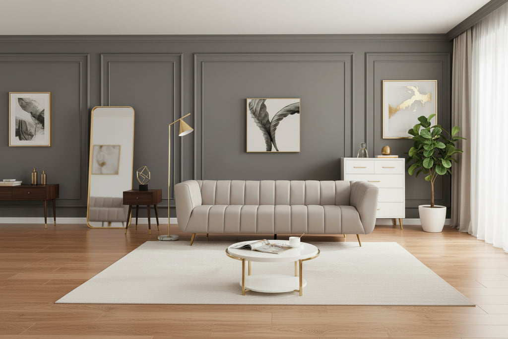 Clovis Mid Century Modern Furniture Style Full Grain Italian Leather Couch in Light Grey