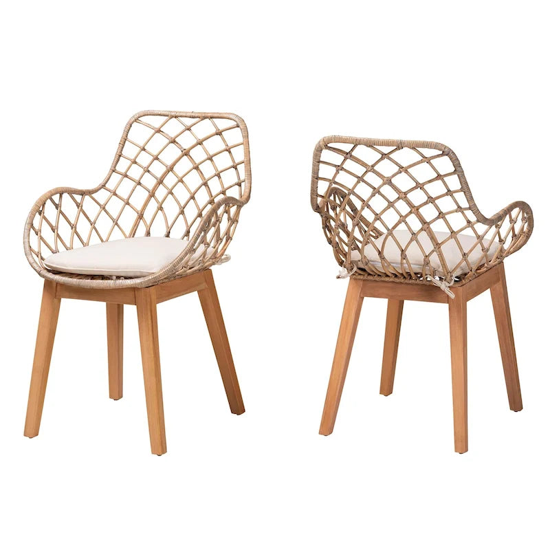 Chaises de salle à manger Bohèmes en rotin Blanc / Marron Naturel / Gris Décapé, Lot de 2