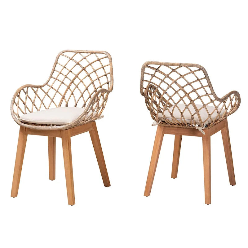 Chaises de salle à manger Bohèmes en rotin Blanc / Marron Naturel / Gris Décapé, Lot de 2