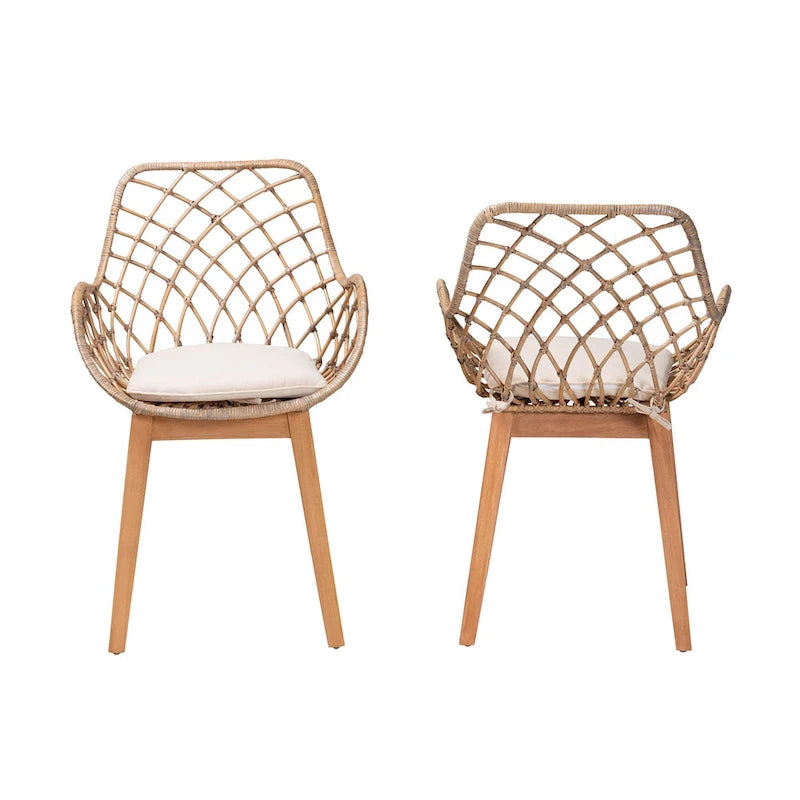 Chaises de salle à manger Bohèmes en rotin Blanc / Marron Naturel / Gris Décapé, Lot de 2