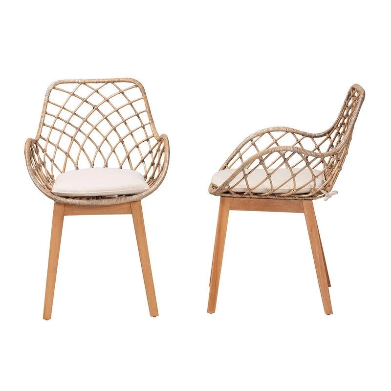 Chaises de salle à manger Bohèmes en rotin Blanc / Marron Naturel / Gris Décapé, Lot de 2