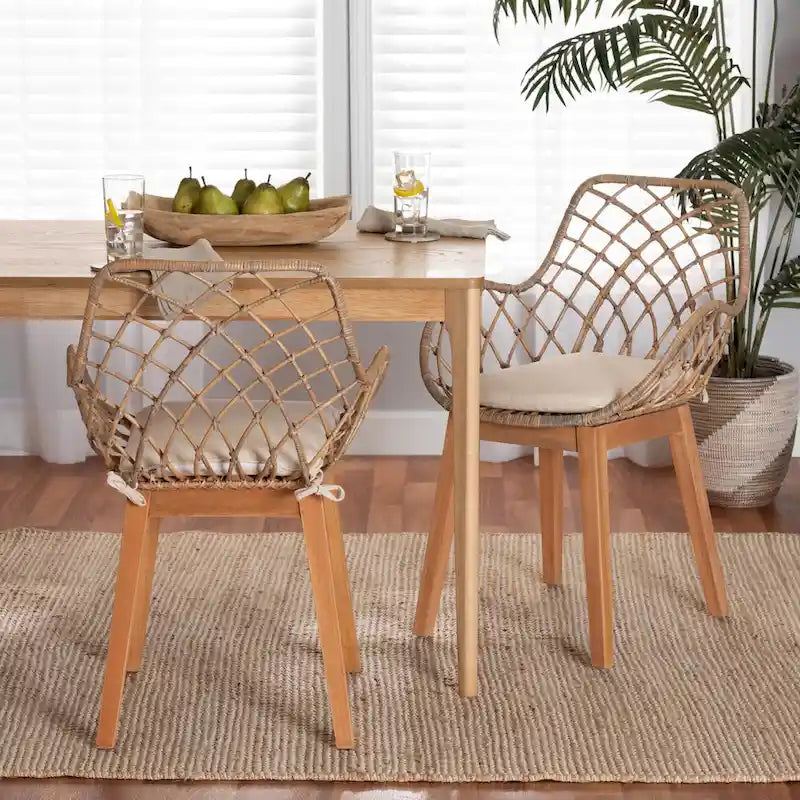 Chaises de salle à manger Bohèmes en rotin Blanc / Marron Naturel / Gris Décapé, Lot de 2
