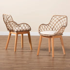 Chaises de salle à manger Bohèmes en rotin Blanc / Marron Naturel / Gris Décapé, Lot de 2