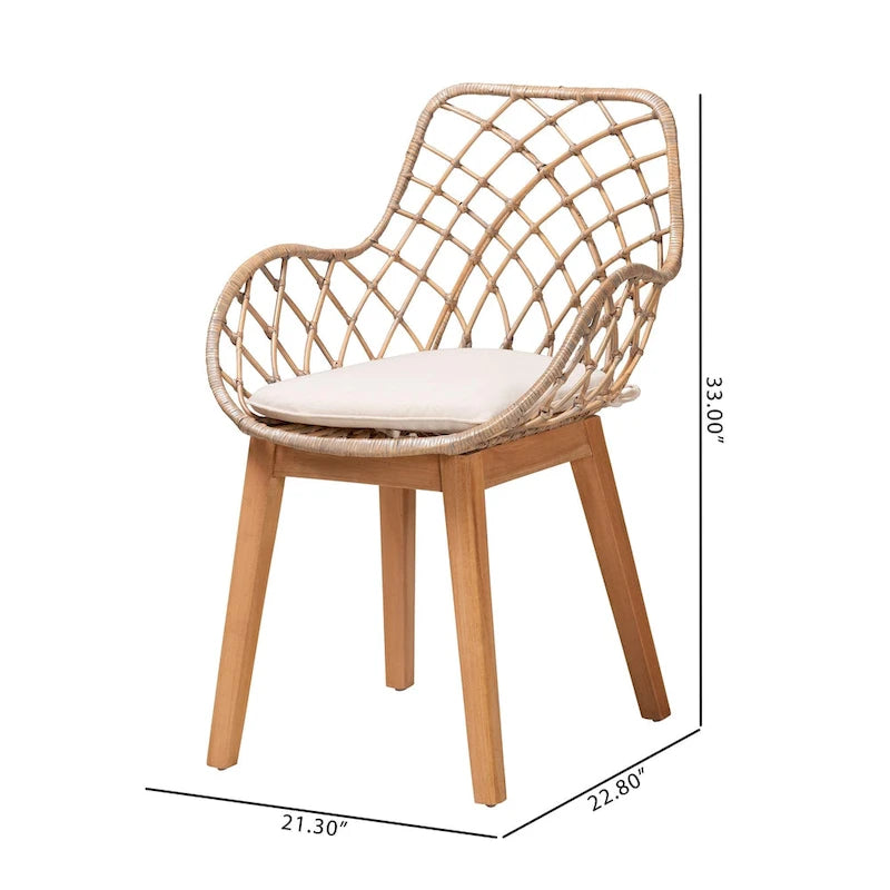 Chaises de salle à manger Bohèmes en rotin Blanc / Marron Naturel / Gris Décapé, Lot de 2