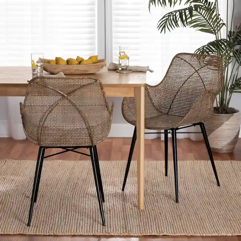 Chaises de salle à manger Bohèmes en rotin Blanc / Marron Naturel / Gris Décapé, Lot de 2