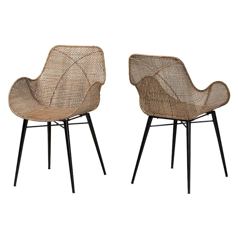Chaises de salle à manger Bohèmes en rotin Blanc / Marron Naturel / Gris Décapé, Lot de 2