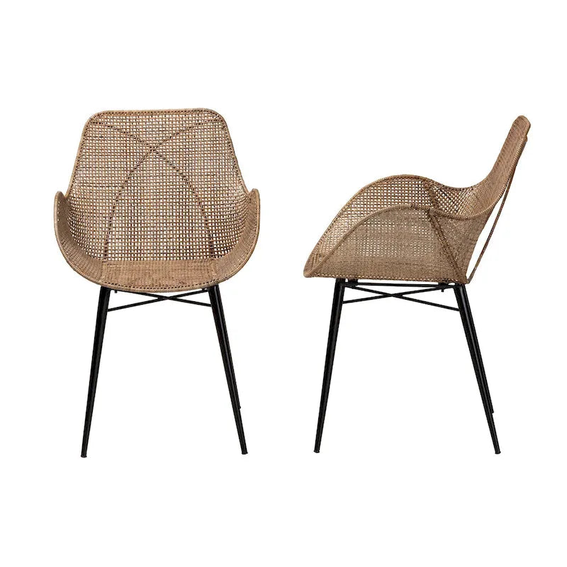 Chaises de salle à manger Bohèmes en rotin Blanc / Marron Naturel / Gris Décapé, Lot de 2
