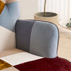 Fauteuil d'appoint dossier haut gris / patchwork – Micro tissu d'ameublement façon lin, pieds en bois d'hévéa, siège individuel