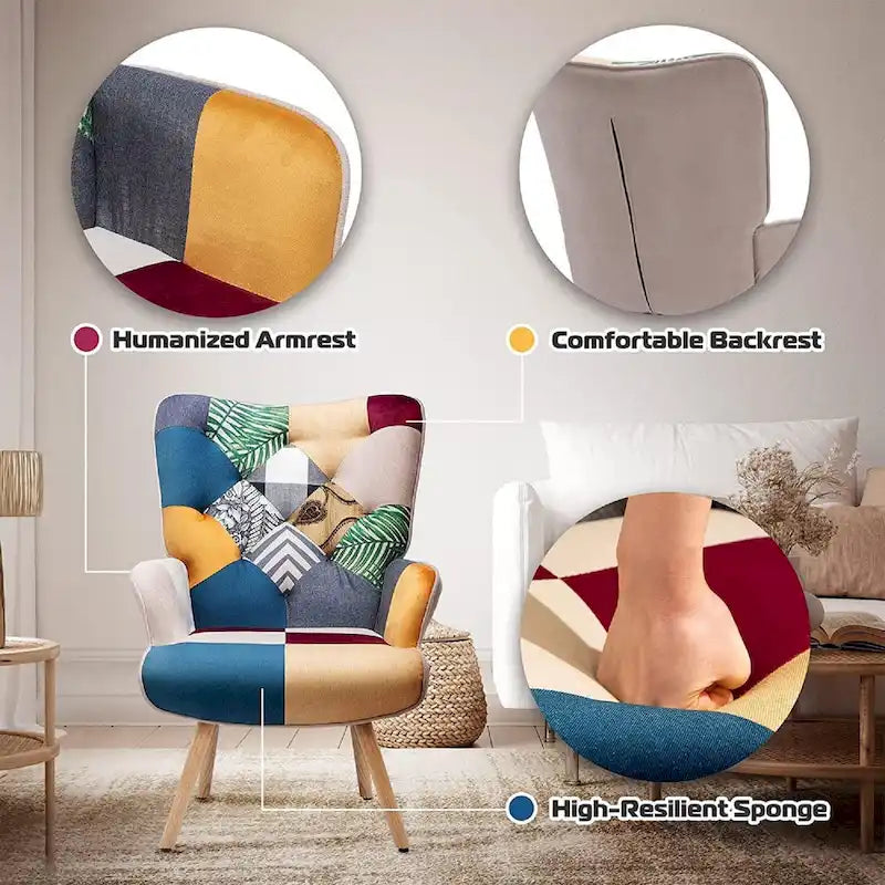 Fauteuil d'appoint dossier haut gris / patchwork – Micro tissu d'ameublement façon lin, pieds en bois d'hévéa, siège individuel
