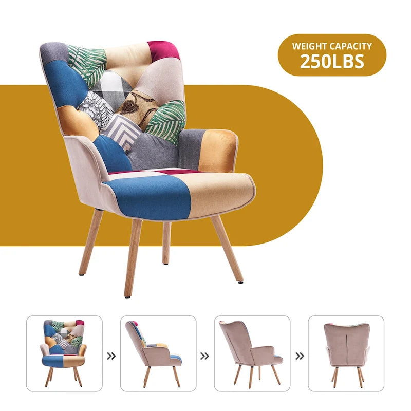 Fauteuil d'appoint dossier haut gris / patchwork – Micro tissu d'ameublement façon lin, pieds en bois d'hévéa, siège individuel