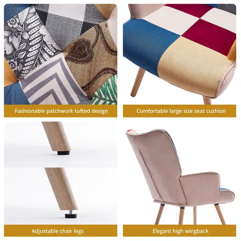 Fauteuil d'appoint dossier haut gris / patchwork – Micro tissu d'ameublement façon lin, pieds en bois d'hévéa, siège individuel
