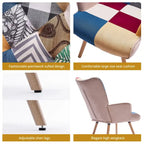 Fauteuil d'appoint dossier haut gris / patchwork – Micro tissu d'ameublement façon lin, pieds en bois d'hévéa, siège individuel