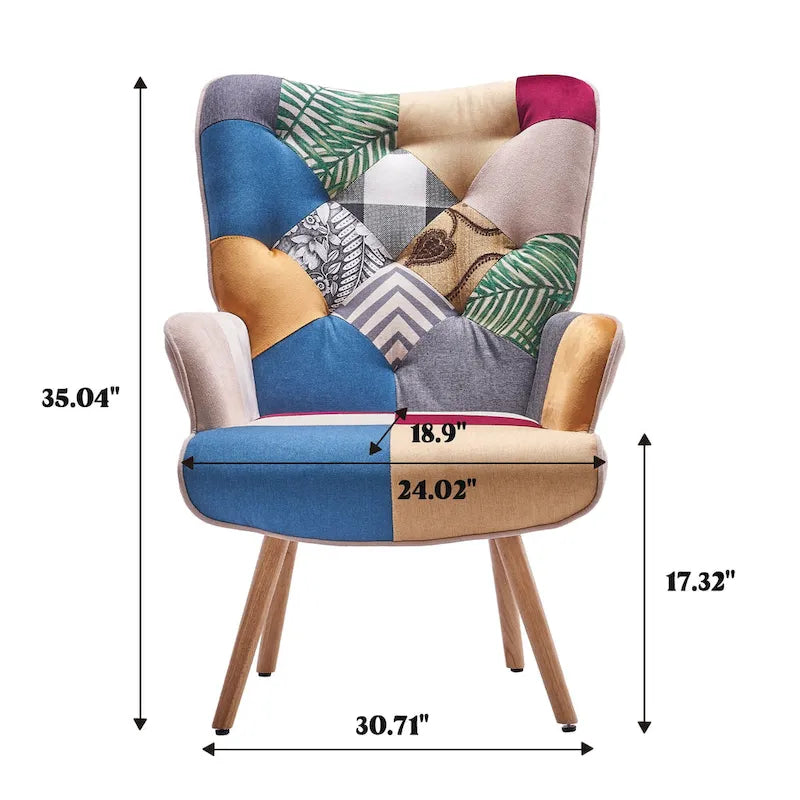 Fauteuil d'appoint dossier haut gris / patchwork – Micro tissu d'ameublement façon lin, pieds en bois d'hévéa, siège individuel