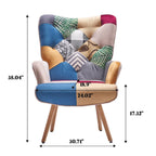 Fauteuil d'appoint dossier haut gris / patchwork – Micro tissu d'ameublement façon lin, pieds en bois d'hévéa, siège individuel